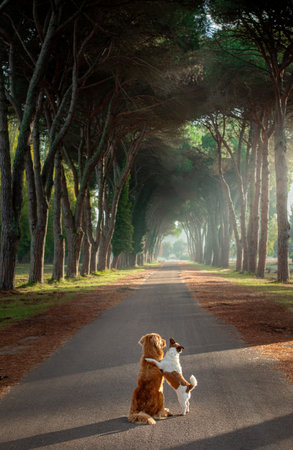 two dogs hugging on a beautiful path . Nova Scotia duck tolling retriever and Jack Russell Terrier...
