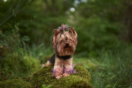 dog on the moss in the green forest. Cute yorkshire terrier in natureの写真素材