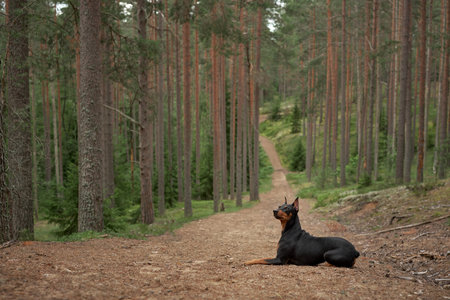 dog in the forest. Standard pinscher outdoor portrait. Happy Pet at walkの写真素材