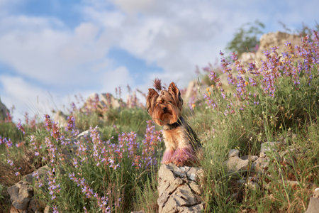 Yorkshire Terrier in nature in flowers against the backdrop of mountains. dog in natureの写真素材
