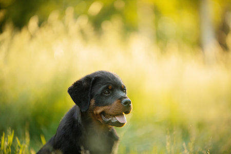 A puppy in the grass, in the park. Cute Rottweiler dog in nature. Walking with a pet in parkの写真素材
