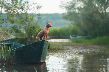 dog on the boat. Little pet adventure. American Hairless Terrier travels in natureの写真素材