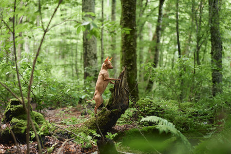 Hairless dog put her paws on a tree in the green forest. American Hairless Terrier outdoor, in nature.の写真素材