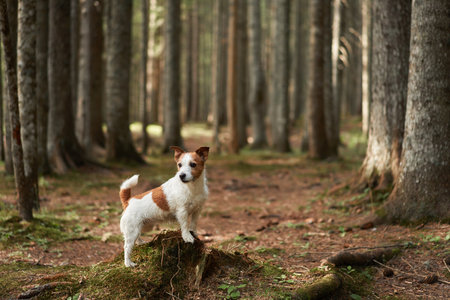 Dog in the forest. Funny Jack Russell Terrier, walking with pet in natureの写真素材