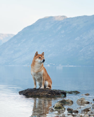 red dog on stone at sea and mountains. Shiba Inu near the blue waterの写真素材