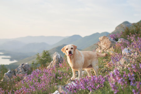 dog among wild flowers against the backdrop of mountains. Fawn Labrador Retriever in natureの写真素材