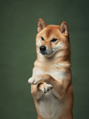 red dog on a green background. Beautiful Shiba Inu in the studioの写真素材