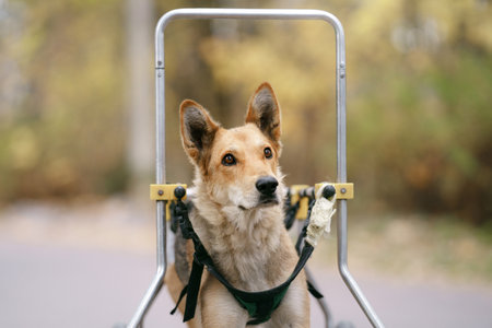 dog in a wheelchair. Disabled Pet in autumn in natureの写真素材