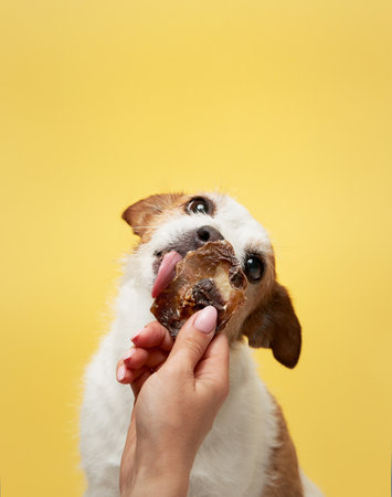 the dog with treat. funny jack russell terrier eats dried meat on a yellow background. Pet at homeの写真素材