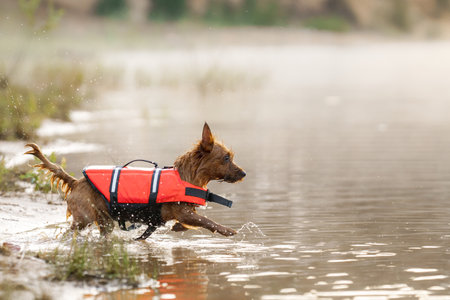 a dog in a life jacket jumps into the water. Brave australian terrier on the lakeの写真素材