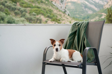 dog on a chair on the terrace outdoors. Happy jack russell terrier resting at balconyの写真素材
