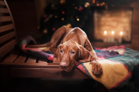 dog by the fireplace. Hungarian Vizsla in a Christmas interior at homeの写真素材