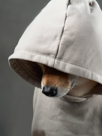 dog in a hood. Funny Shiba Inu in clothes. Pet indoorsの写真素材