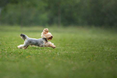 happy dog runs on green grass. Happy and Active Yorkshire Terrier in the parkの写真素材