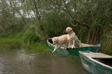 two dogs on the boat. Fawn Labrador Retriever in nature at lakeの写真素材