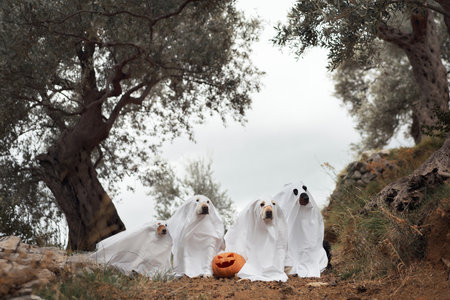 Dogs in Ghost Costumes, Four dogs dressed under an olive tree with a carved pumpkin nearby, celebrating Halloween outdoorsの写真素材