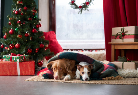 Nova Scotia Duck Tolling Retriever and Jack Russell Terrier by a Christmas tree. A studio scene captures the dogs beside gifts, exuding festive charmの写真素材