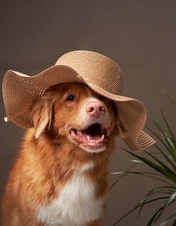 A Nova Scotia Duck Tolling Retriever dog grins beneath a straw hat, a playful fusion of pet fashion...