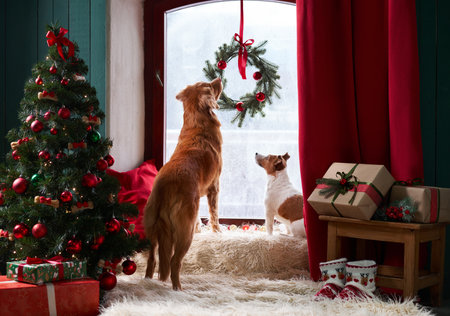 dogs gaze out a festive window, a serene holiday moment capturedの写真素材