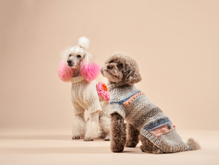 Two stylish poodles model their knitwear, one flaunting pink ear tufts.の写真素材