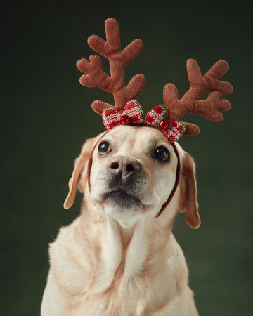 A serene Christmas moment captured with a Labrador dog wearing antlersの写真素材