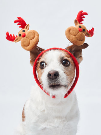 Jack Russell dog with reindeer antlers, studio capture.の写真素材