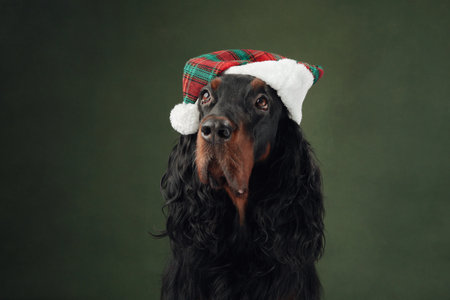 A Gordon Setter dog in festive hat, embodying the Christmas spirit.の写真素材