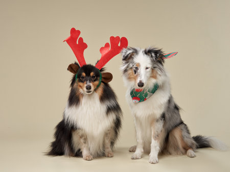Sheltie dogs in holiday attire, studio sceneの写真素材