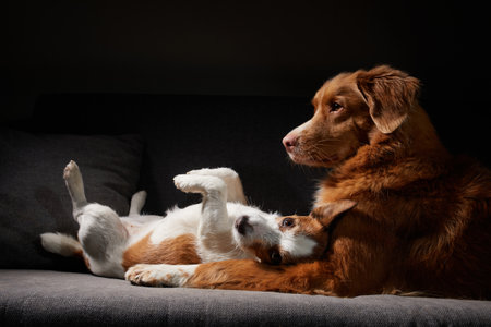Nova Scotia Duck Tolling Retriever and a Jack Russell Terrier lounge together,の写真素材