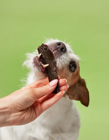 An eager Jack Russell Terrier snatches a jerky treatの写真素材