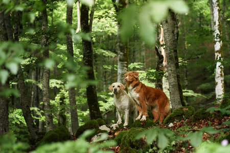 A Labrador and a Nova Scotia Duck Tolling Retriever stand amidst a forest.の写真素材