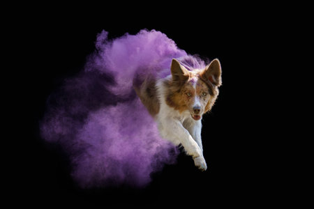 An alert Border Collie emerges from a mystical purple hazeの写真素材