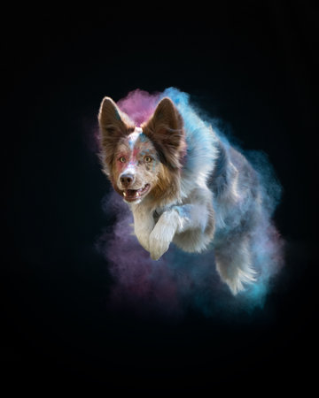 An alert Border Collie emerges from a mystical purple hazeの写真素材