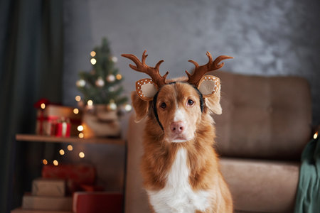 Dog reindeer antlers, embracing the holiday spirit beside a Christmas treeの写真素材