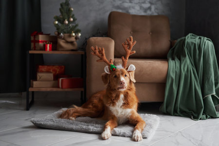 Dog reindeer antlers, embracing the holiday spirit beside a Christmas treeの写真素材