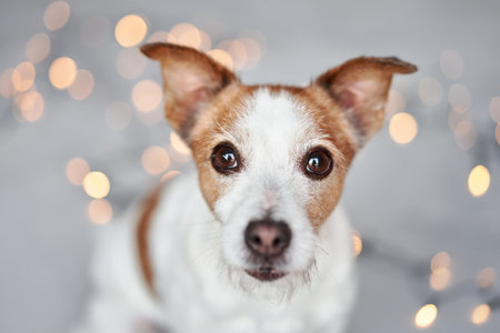A Jack Russell Terrier dog with a playful gaze against a backdrop of lights