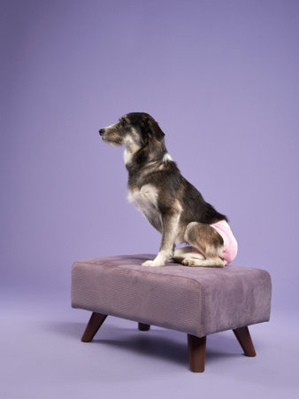 A mature mixed-breed dog wearing a diaper is perched on a purple ottomanの写真素材