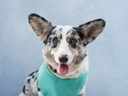 A vibrant welsh corgi cardigan Dog wears a bandana, against a blue backdropの写真素材