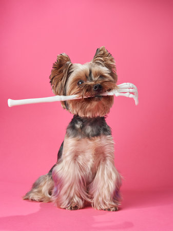 Yorkshire Terrier holds a baton in its mouth, ready to lead an orchestraの写真素材
