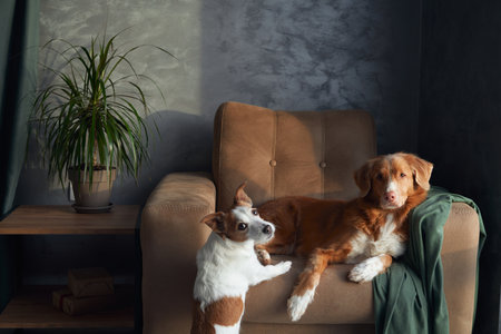Two dogs engage in playful interaction on a cozy armchair, in a well-lit room.の写真素材