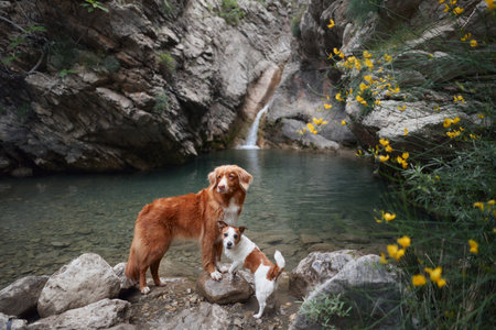 A Nova Scotia Duck Tolling Retriever and a Jack Russell Terrier at mountainの写真素材