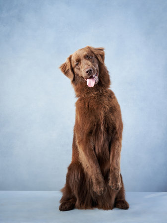 A chocolate brown dog sits calmly, against a serene blue background
