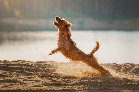An exuberant Australian Terrier dog leaps into the air with a sandy explosion