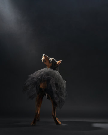 standard pinscher dog strikes a dynamic pose, adorned with a delicate tutuの写真素材