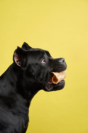 Attentive black Cane Corso dog with a treats, studio capture against yellowの写真素材