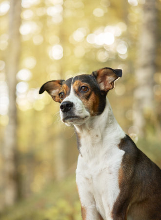 A poised dog gazes ahead against a blurred golden forest backdropの写真素材