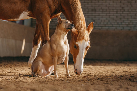 A horse and a Thai Ridgeback dog engage in a quiet exchangeの写真素材