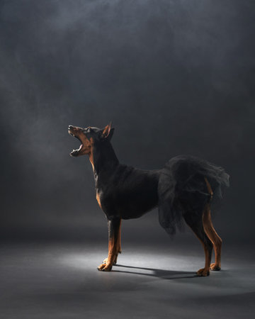 standard pinscher dog stands in profile against a dark backdropの写真素材