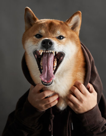 Yawning Shiba Inu dog in a hoodie, captured mid-yawn.の写真素材