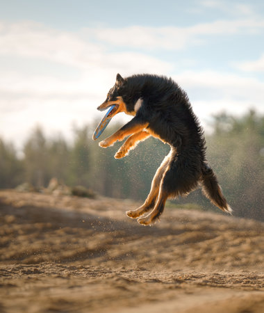 An Border Collie dog leaps with grace to catch a flying discの写真素材